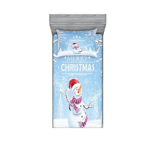 Ambesonne Christmas Fitted Sheet & Pillow Sham Set, Snowman in a Snowy Winter Day with Xmas Hat Frosty Noel Theme, Decorative Printed 2 Piece Bedding Decor Set, Twin, White Blue