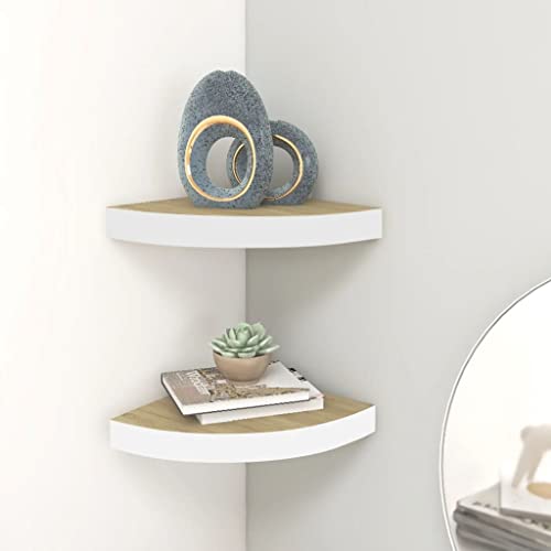 HOMTAKIE - Estantes esquineros de pared (2 unidades, roble y blanco, 25 x 25 x 3,8 cm, MDF