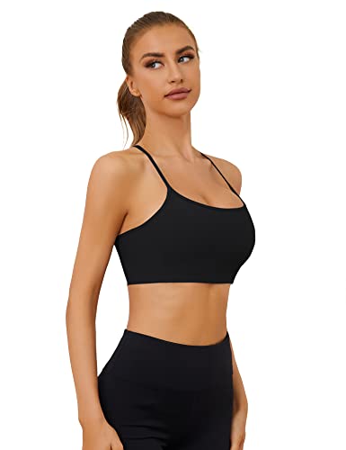 Loovoo Ribbed Sports Bras For Women Racerback Padded Sexy Spaghetti Strap Medium Support Comfortable Y Back Scoop Neck Summer Wireless Workout Bra Black,M #TOP2