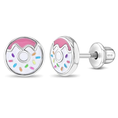925 Sterling Silver Fun Enamel Donut Earrings with Tiny Colorful Sprinkles for Little Girls - Colorful Screw Back Earrings for Kids - Multi-color Safety Stud Earrings Fun Gift for Children