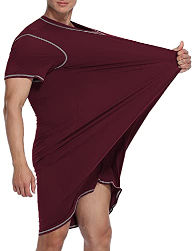 Ekouaer Male Sleepshirt Henley V Neck Oversize Summer Nightshirts Sleep Gown, Wine Red, Large #TOP1