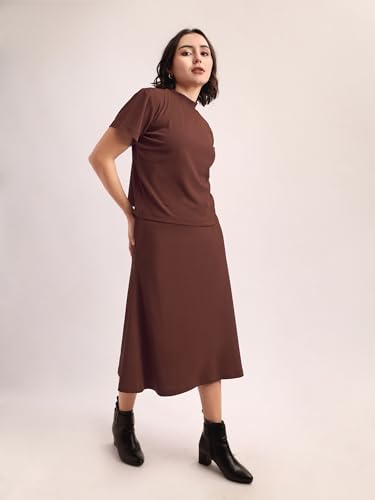 Image of PURVAJA Women's Short Sleeve Top with Skirt Solid Co-ords Set