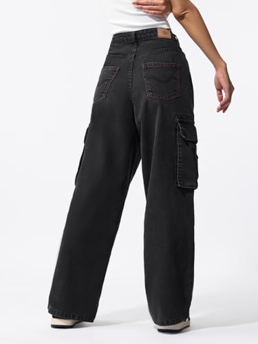 Image of The Souled Store Wide-Leg Denim: Carbon Black Japanese Script Embroidered Women and Girls Buttoned Black Washed Cotton Denim Wide Leg Fit Six Pocket Everyday Denim Jeans