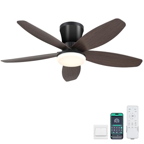 Surtime Ceiling Fans with Lights-36 Low Profile Ceiling Fan with Light and Remote/APP Control,Flush Mount,DC Reversible,LED Dimmable Modern Ceiling Fans for Bedroom,Indoor/Outdoor Patio Use(Brown)