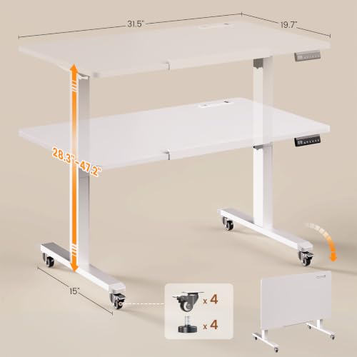 Image of SEDETA 31.5 Inches Foldable Electric Standing Desk, 180 Tiltable Mobile Rising Computer Desk Height Adjustable with Wheels for Drawing /Writing /Gaming /Study /Home Office /Small Space, White