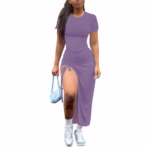Image of Nimsruc Women Sexy Summer Dresses Short Sleeve Thigh-high Slit Ruched Bodycon Maxi Club Cocktail Party Dress