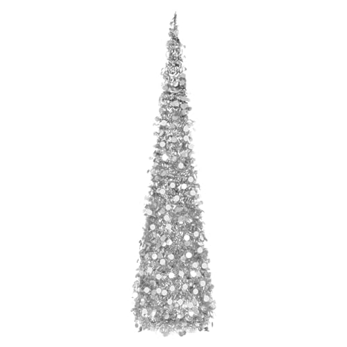 Silver Christmas Tree, 5ft Collapsible Pop up Tinsel Christmas Tree, Easy-Assembly Coastal Glitter Pencil Tree for Home Office Holiday Party Farmhouse Xmas Decoration