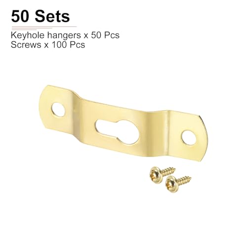 Image of DTGN 49mm x 13mm Keyhole Hanging Plate with Screws - 50Pcs - Good for Hanging Paintings - Picture Frame Hook Photos - Gold