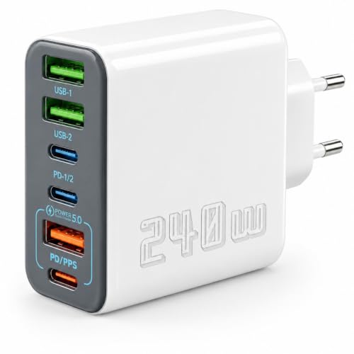Cargador USB C 240W 6 Puertos, Cargador Multiple con 3 USB C y 3 USB A, Enchufe Carga Rápida QC5.0, Adaptador de Pared Compacto para Móvil Tablet Auriculares Reloj Oficina Viaje