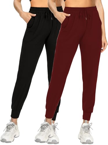 FULLSOFT Pantalon de jogging pour femme avec poches pour le salon, l'entraînement, la course à pied, Lot de 2, rouge vin, M