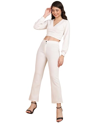 Image of POPWINGS Casual Solid Polyester Solid Crop Top and Trouser Co-Ord Set for Women | Stylish Western Co-Ord Set for Women | 2 Piece Set for Women