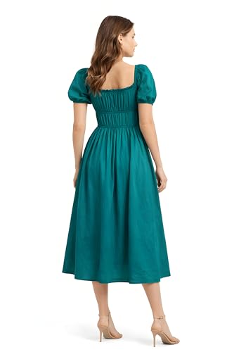 Image of BOOSTY Women's Puff Sleeve Smocked Midi Dress, Square Neck A-Line Dress