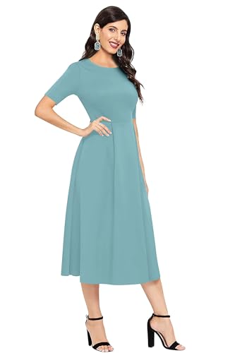 Image of LONDON BELLY Women's Regular Fit Polyester Blend Midi Flare Dress with Round Neck 3 /4 Sleeves Calf Length Solid Pattern and Pull On Closure Type |One Piece Dress for Women