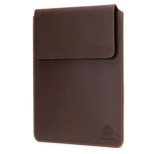Image of 13 /14 Inch Laptop Sleeve Genuine Leather Slim Soft Solid Lightweight Tablet Cover with Flap Closure, Brown