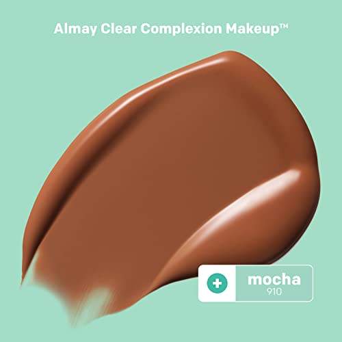 Almay Clear Complexion Acne Foundation Makeup with Salicylic Acid, Medium Coverage, Soft Matte Finish, Hypoallergenic, Cruelty- & Fragrance-Free, Dermatologist Tested, 910 Mocha, 1 fl oz