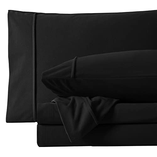 Flannel Sheets Warm and Cozy Deep Pocket Breathable All Season Bedding Set with Fitted, Flat and Pillowcases, Full, Black