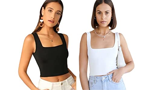 Image of SriSaras Women's Black & White Cotton Strechable Tank Tops /Crop Tops