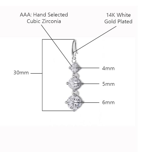 Savlano 14K White Gold Plated Three Cubic Zirconia Crystal Round Cut Dangle Earrings For Women2