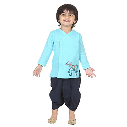 Image of BownBee Ethnic Wear Cotton Kurta Dhoti Set for Boys, Front Open Horse Embroidered With Full Sleeves and V Neckline (Blue, 5-6 Yrs)
