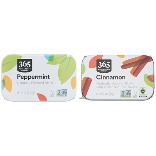 365 by Whole Foods Market Breath Freshening Mints Bundle - Peppermints and Cinnamon Mints, 1.5 Ounce (Pack of 2)