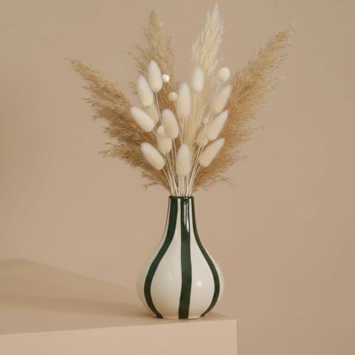 Image of PUREZENTO Green & White Striped 'Tulip Bud' Ceramic Vase 6 Inch (Pack of 1) | Unique Modern Bud Vase for Dried Flowers & Pampas Grass | Vases for Modern Home Decor, Living Room & Office Decor Ideas