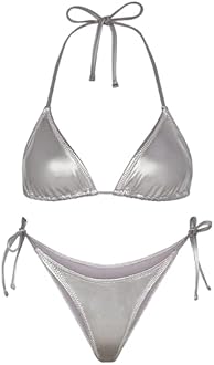 Metallic String Bikini for Women - Sexy Beach Glitter Swimsuits Bathing Suit Triangle Tops Side Tie Thong Bottom Set