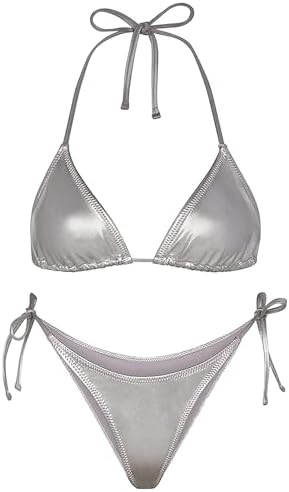 Metallic String Bikini for Women - Sexy Beach Glitter Swimsuits Bathing Suit Triangle Tops Side Tie Thong Bottom Set