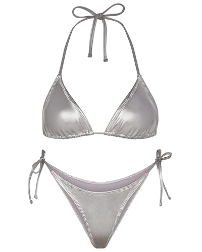 Metallic String Bikini for Women - Sexy Beach Glitter Swimsuits Bathing Suit Triangle Tops Side Tie Thong Bottom Set