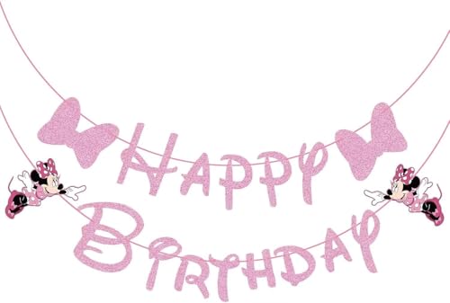 Swiftion Pink Mouse Happy Birthday Banner, Birthday Party Decoration for Girl Kids, 45 inch
