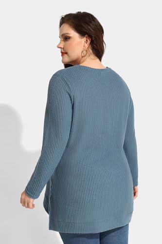 Image of RITERA Plus Size Women Sweaters Waffle Knit Pullover Top Long Sleeve Casual Crewneck Shirt Loose Split Hem Fall Winter Blouse