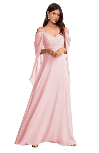 Spaghetti Straps Bridesmaid Dresses Chiffon V Neck Ruched Off Shoulder Formal Dress for Women AU170
