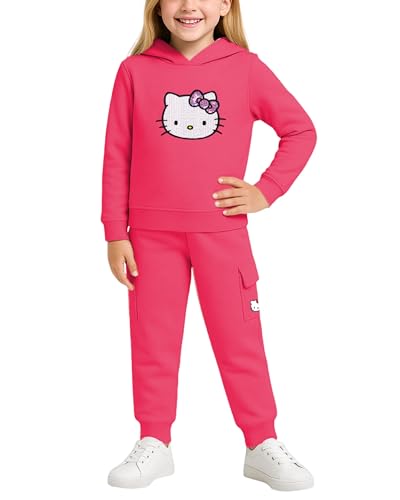 Image of Hello Kitty Girls Pants Set - 2 Piece Girls Sweatshirt Hoodie and Cargo Sweatpants Matching Set with Pockets (2T-12)