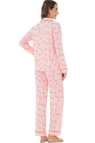 Image of LUBOT Christmas Pajamas for Women 100% Cotton Pajama 2 Piece PJ Set Soft Long Sleeve Button Xmas Print Loungewear XS-XXL