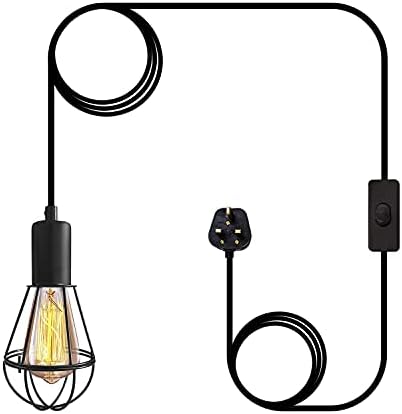 Pendant Light Retro Plug in Pendant Lighting Vintage Ceiling Light E27 Lamp Holder Hanging Light with Plug and 21.7ft Power Cord Black Metal Cage Pendant Lamp for Garage(Bulb Not Included)
