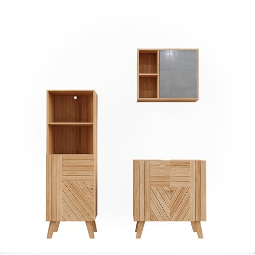 Vicco Badmöbel-Set Bambus Lucie, bestehend aus Bad Spiegelschrank, Waschbeckenunterschrank, Midischrank - Viel Stauraum Oben und unten