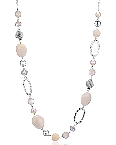 FULU AUTUMN Collier Long de Perles en Argent - Collier Boheme Long avec Perles de Cristal et de Pierre Bijoux Fantaisie - Belle Idée de Cadeau de Fête Des Mères(White)