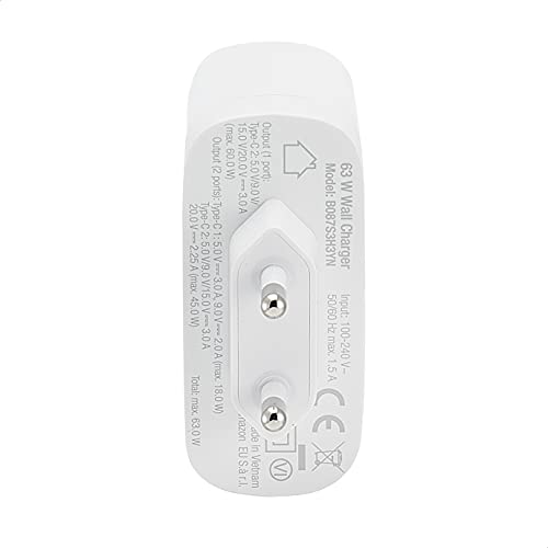 Amazon Basics Cargador de pared USB-C de 2 puertos, 68 W, GaN, para portátiles, tabletas y teléfonos con alimentación, blanco (sin PPS), 6,6 x 2,94 x 6,24 cm - Imagen 5