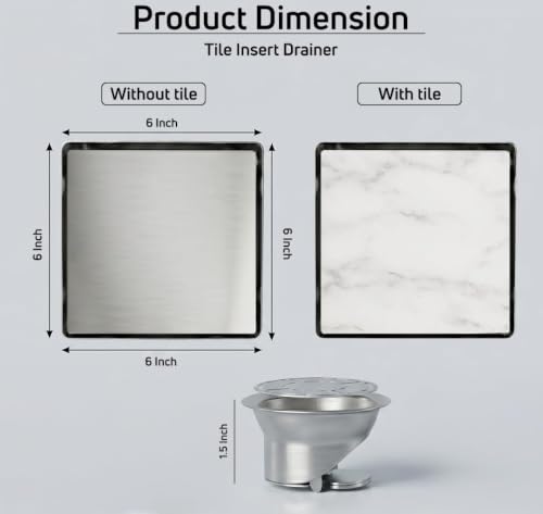 Image of Tile Insert Floor Drainer 6 x 6 Inch Premium Grade 304 Stainless Steel Invisible Shower Drain | Waste Water Floor Outlet for 13mm Tiles with Cockroach Trap