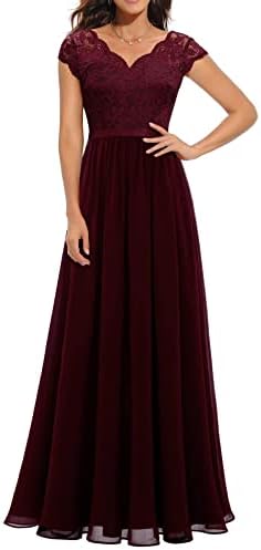 ECDAHICC Women Elegant Lace Ruffle Long Dress V Neck Short Sleeve High  Waist Long Bridesmaid Evening Dress Wine 2 M : Amazon.com.be: Fashion