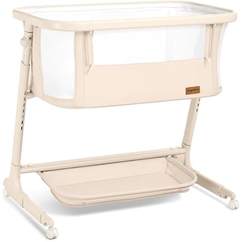 ANGELBLISS Electric Baby Bassinet, Auto Rocking Bedside Sleeper, 6 Heights with Mattress, Washable Sheet, Remote Control, 5 Speeds, 3 Timers, 12 Sounds, Wheels & Storage, Beige