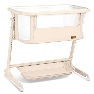 ANGELBLISS Electric Baby Bassinet Bedside Sleeper with Auto Rocking, Remote/Touch Control, 3 Timer Modes, 12 Sounds, 6 Heights, Storage & Wheels (Beige)