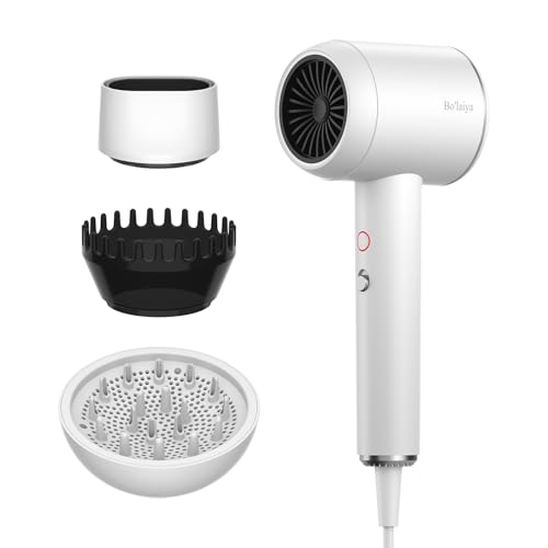 Professional Ionic Hair Dryer | Powerful Low Noise Hair Dryer | Constant Temperature for Fast Hair Drying | with Hair Diffuser, Cluster Nozzle and Comb for Curly (White)