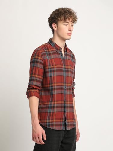 Image of THE BEAR HOUSE Men Rust Checked Slim Fit Flannel Cotton Casual Shirt