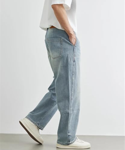 Men's Light Blue Straight Jeans Loose Casual Retro Cropped Denim Pants with Pockets2