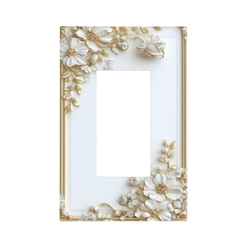 Luxury 2D Floral Gold & White Decorator Switch Plate Cover, PC Material Elegant Glam Electrical Wall Plate, Upscale Home Decor for Living Room, Bedroom