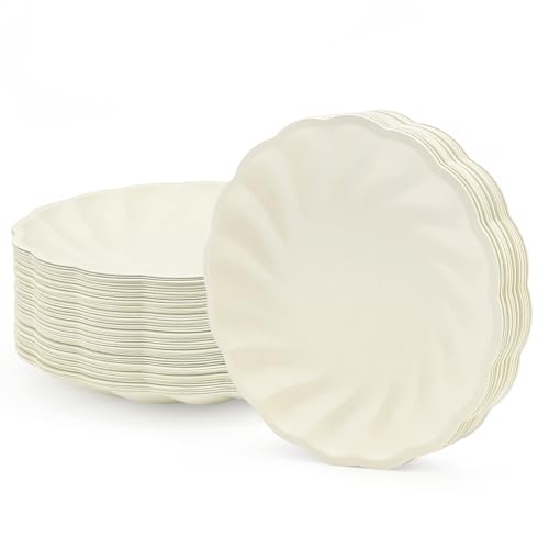 BangShou 50 Pack 7 Inch Compostable Scalloped Paper Plates, Beige
