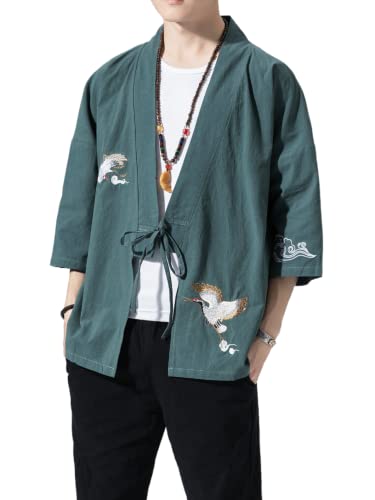 Image of Men's Japanese Kimono Cardigan Loose Cotton Linen 3 /4 Sleeve Open Front Casual Summer Shirt Jackets