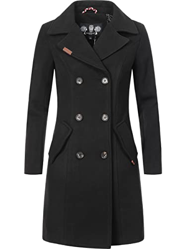 MARIKOO Damen Mantel in Wollmantel-Optik Langer Trenchcoat mit Reversekragen Nanakoo Schwarz Gr. L