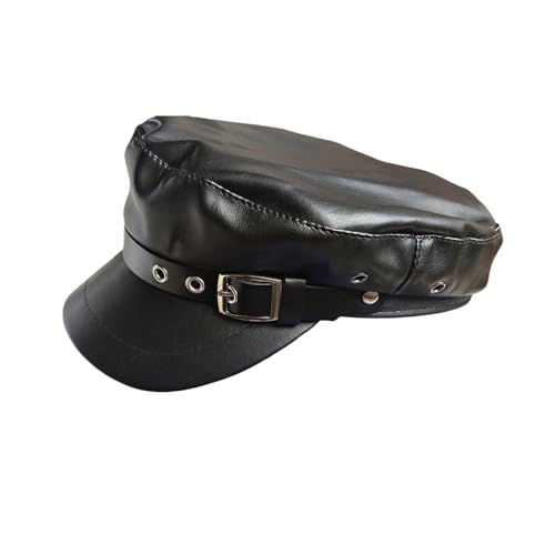 VASANA Schwarzer Chauffeurhut aus PU-Leder mit Gürtelschnalle für Damen und Herren, klassischer Kapitän Matrosenhut Newsboy Cap Kostüme Baskenmütze