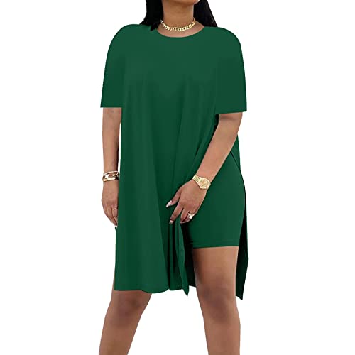 AXOSY Women Plus Size 2 Piece Outfits Short Sleeve Tunic Tops and Skinny Biker Shorts Sets Tracksuits Green,XX-Large